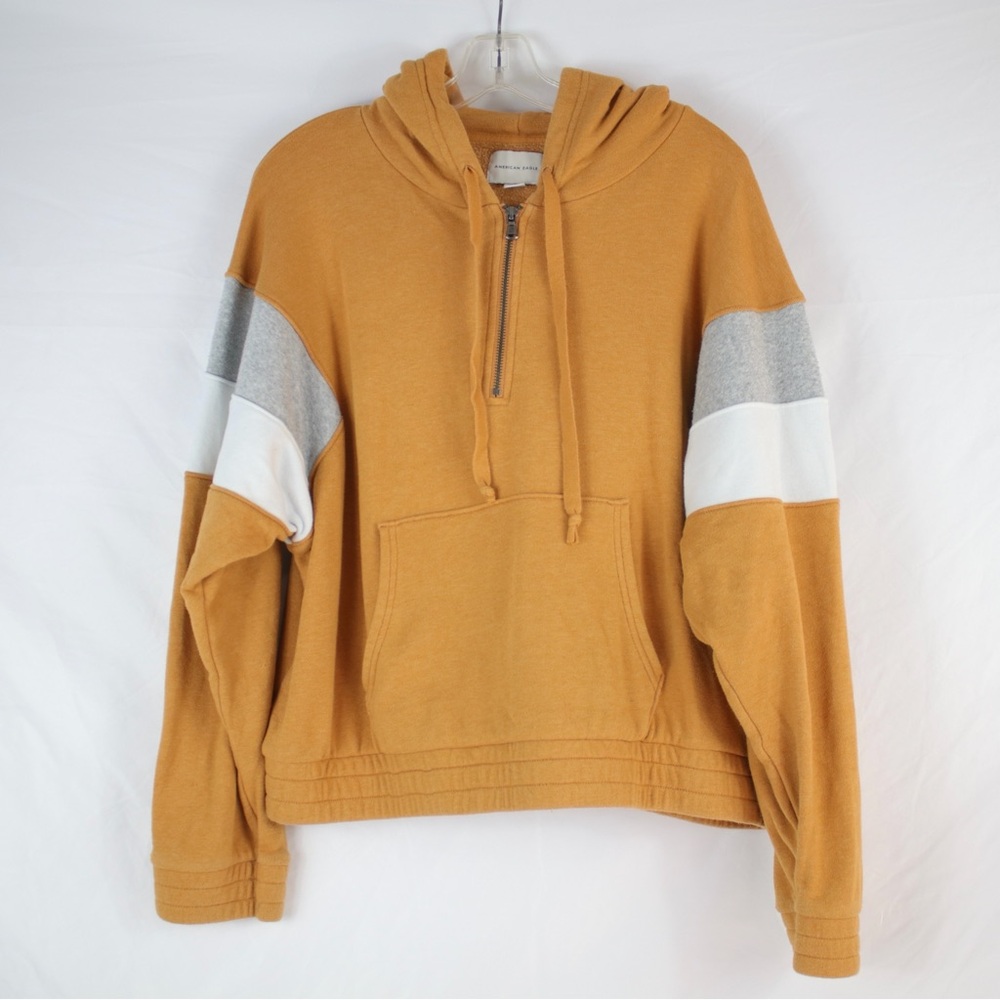 American Eagle Mustard Yellow, Gray & White Pull Over Hoodie Sweater Size XL